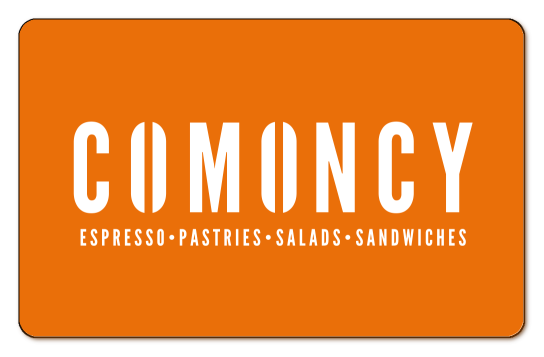 comoncy white logo on orange background